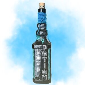 HAND CRAFTED Upcycled Blue Bottle Love Potion #9 Turquoise Rhinestones